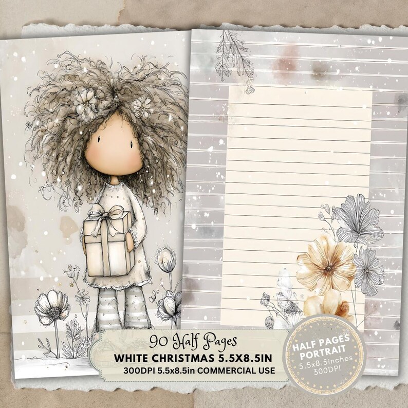 May include: A digital paper set featuring a whimsical illustration of a doll holding a gift, with floral accents and lined paper. The text reads "WHITE CHRISTMAS 5.5X8.5IN" and "90 Half Pages". The paper size is 5.5 x 8.5 inches.