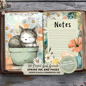 cat, kitty, lined page, notes, Bright Spring Junk Journal Kit, Colorful Printable Ephemera, Digital Scrapbook Pages for Creative Projects, Ink and Pages Spring Girls