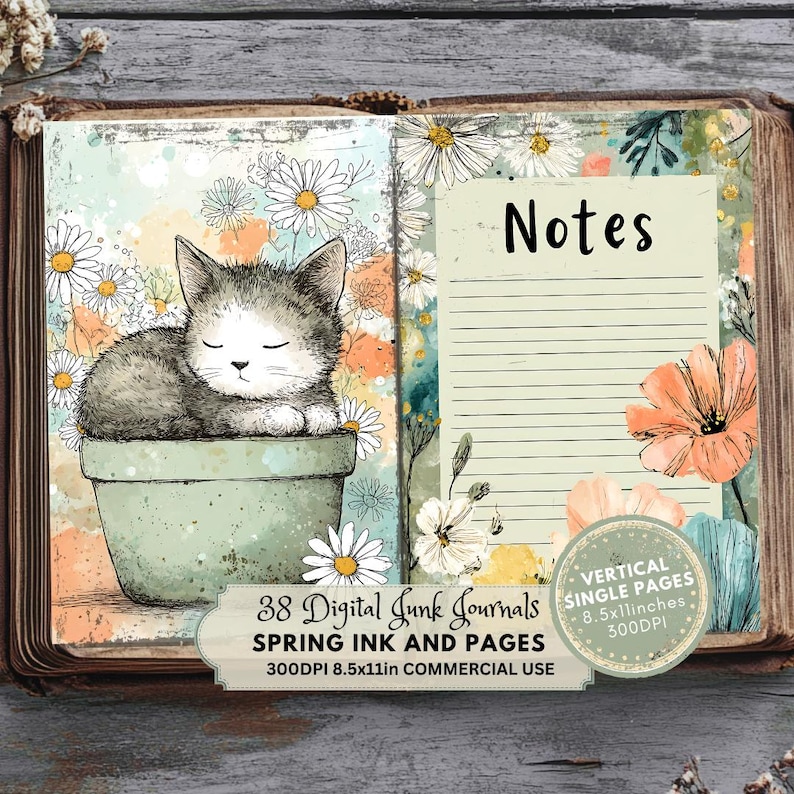 cat, kitty, lined page, notes, Bright Spring Junk Journal Kit, Colorful Printable Ephemera, Digital Scrapbook Pages for Creative Projects, Ink and Pages Spring Girls