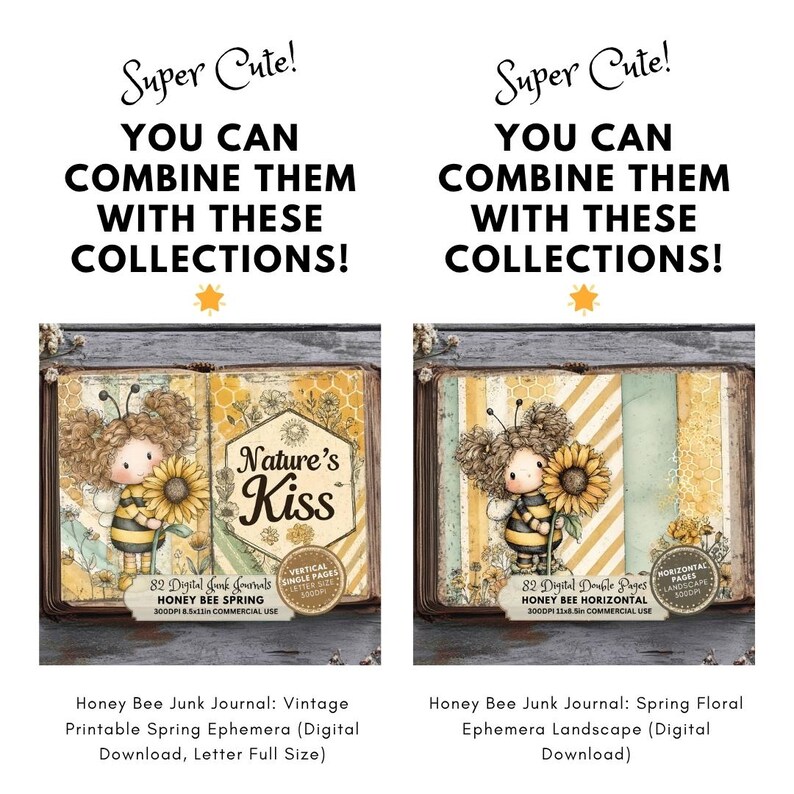 Puede incluir: Dos diarios digitales con ilustraciones tem&aacute;ticas de abejas. Uno es vertical, el otro horizontal. Ambos presentan un lindo personaje de abeja sosteniendo un girasol, con el texto "Nature's Kiss". Los diarios se titulan "Honey Bee Spring" y "Honey Bee Horizontal".