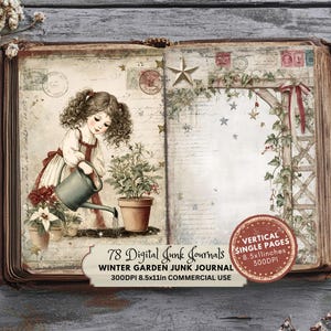 Può includere: Diario digitale vintage a tema giardino invernale. L'immagine presenta una ragazza che innaffia le piante, con elementi decorativi come stelle, francobolli e un traliccio in legno. Il diario include 78 pagine, 21,59 x 27,94 cm, 300 DPI.