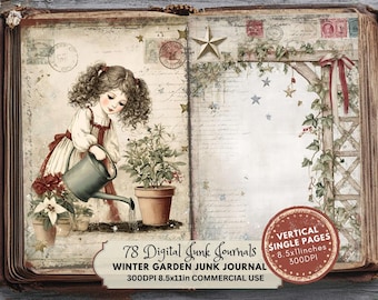 Op de afbeelding: Digitaal junk journal met een vintage wintertuinthema. De afbeelding toont een jong meisje dat planten water geeft, met decoratieve elementen zoals sterren, postzegels en een houten trellis. Het journal bevat 78 pagina's, 21,59 x 27,94 cm, 300 DPI.