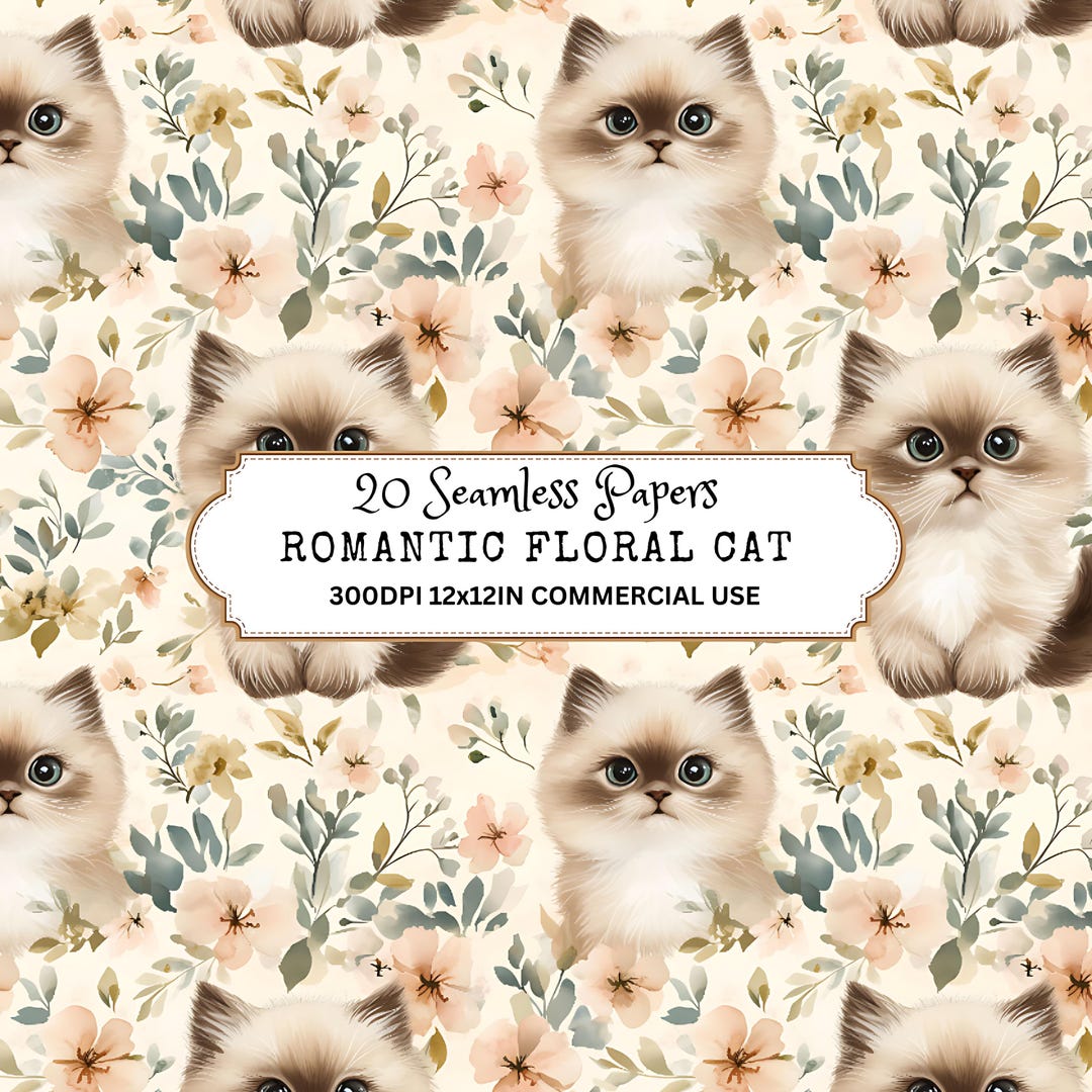 Floral Cat Seamless Pattern: Printable Fabric Design (digital Download ...