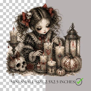Puede incluir: Una ilustraci&oacute;n digital de una persona con cabello rizado y lazos rojos, rodeada de velas encendidas, una calavera, un farol y calabazas. El texto dice MINI SMALL SIZE 2.5X2.5 INCHES. La escena presenta detalles oscuros y adornados.
