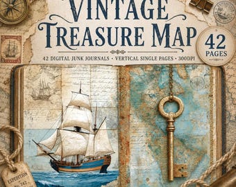 Treasure Map Junk Journal Kit: Vintage Pirate Ephemera, Nautical Illustrations (Digital Download)