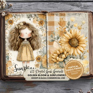 Può includere: Diario digitale con un'illustrazione di una ragazza con un vestito a quadretti gialli, circondata da girasoli. Il diario include il testo "Sunshine" e "Golden Bloom & Sunflowers". Il diario misura 21,59 cm x 27,94 cm.