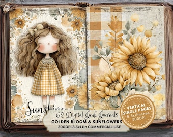 Sunflower Junk Journal Kit: Vintage Floral Ephemera, Rustic Meadow Printable Pages (Digital Download)