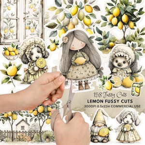 Puede incluir: Una colección de 158 pegatinas recortadas con temática de limón. Las pegatinas presentan ilustraciones de limones, limoneros y personajes adorables sosteniendo limones. El texto de la imagen dice "Lemon Fussy Cuts" y "300DPI 8.5x11in Commercial Use."