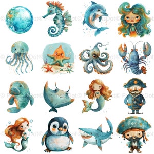 May include: Watercolor illustrations of various sea creatures and nautical characters, including a seahorse, dolphin, mermaid, octopus, lobster, manatee, stingray, penguin, shark, and pirate. The artwork features a vibrant color palette of blues, greens, and oranges.