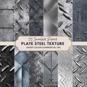 May include: A set of 22 seamless digital papers featuring various textures of metal plates. The papers are 300 DPI and 12x12 inches, suitable for commercial use.