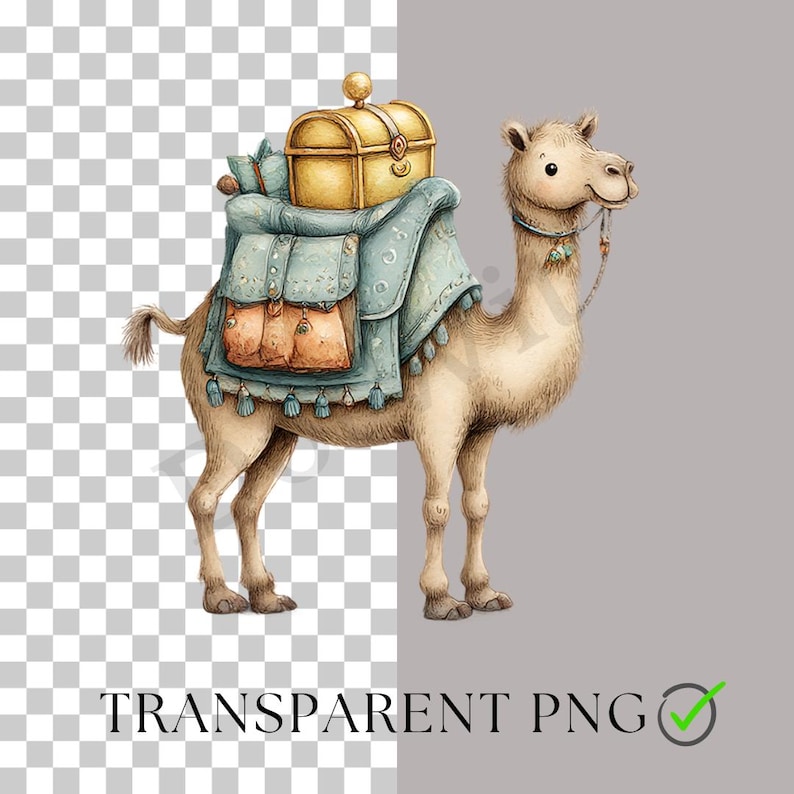 May include: Watercolor illustration of a camel carrying a golden treasure chest and saddlebags. The camel is light brown with a friendly expression. The saddle is teal with brown accents. The image has the text "TRANSPARENT PNG".