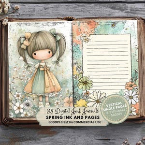 cute doll with two pigtails and bows, Bright Spring Junk Journal Kit, Colorful Printable Ephemera, Digital Scrapbook Pages for Creative Projects, Ink and Pages Spring Girls