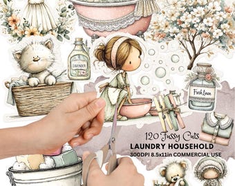 May include: A collection of watercolor-style laundry and household themed fussy cuts. The image includes a pink bathtub, a cat in a basket, a girl doing laundry, and bottles labeled "Lavender" and "Fresh Linen".