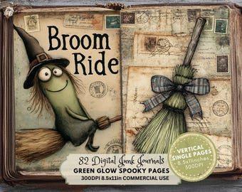 May include: A digital junk journal with a whimsical Halloween theme. The open book features a cartoon witch riding a broom and a detailed illustration of a broom with a plaid bow. The text "Broom Ride" is displayed on the left page.