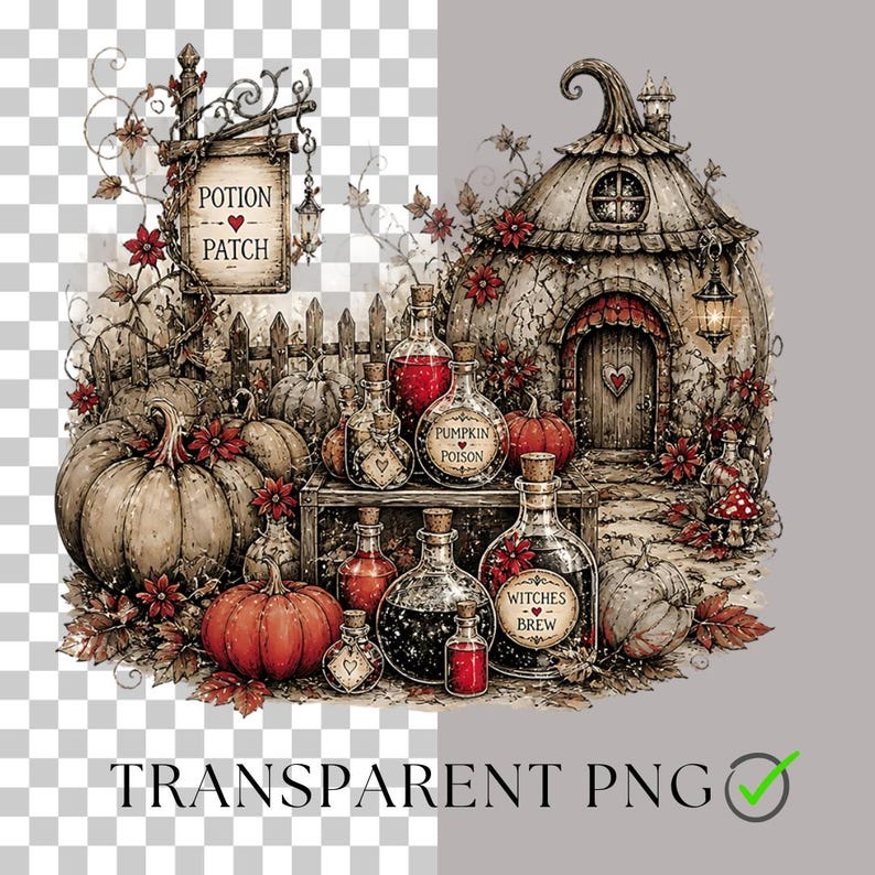 Puede incluir: Una ilustraci&oacute;n digital que muestra una casa con forma de calabaza con puerta de madera, rodeada de calabazas, flores rojas y un cartel que dice POTION PATCH. Varias botellas de vidrio con l&iacute;quidos tienen etiquetas PUMPKIN POISON y WITCHES BREW.