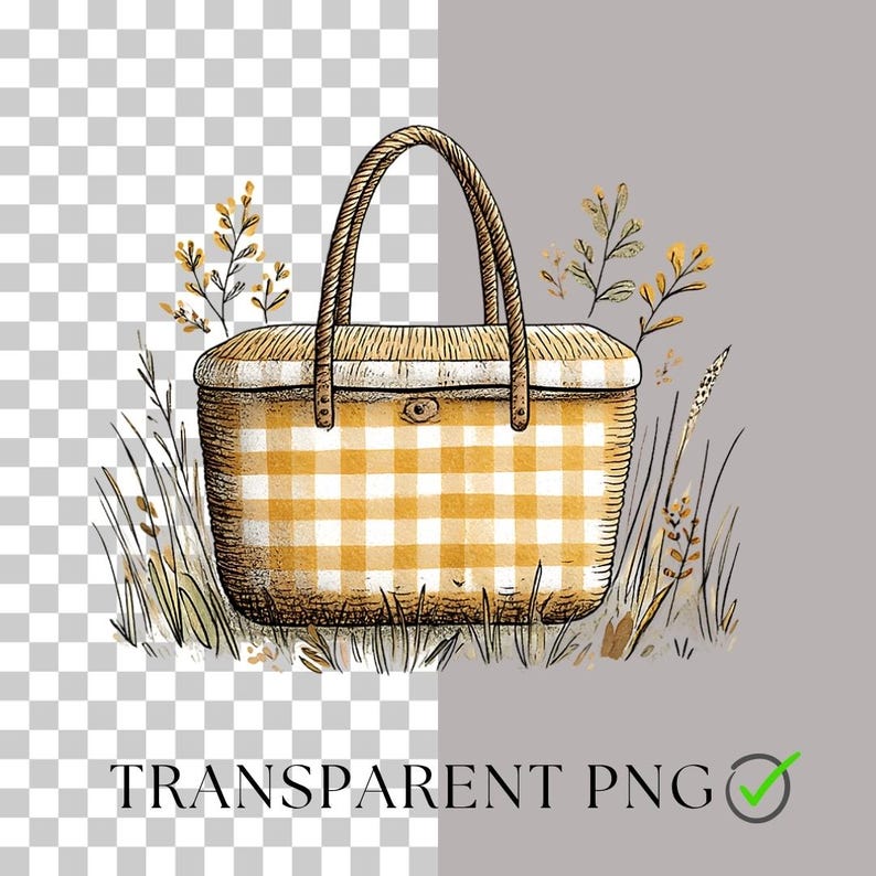 May include: A hand-drawn illustration of a picnic basket with a yellow and white checkered pattern. The basket has a woven handle and is surrounded by tall grass and wildflowers. The text "TRANSPARENT PNG" is at the bottom.