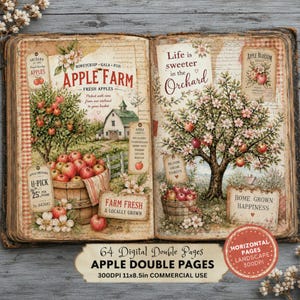 May include: An open book featuring vintage-style illustrations of apple orchards, trees, and baskets of red apples. Text includes Apple Farm, Life is sweeter in the Orchard, and Home Grown Happiness. The pages have a distressed, aged paper texture.