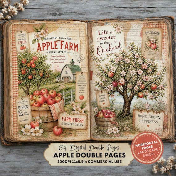 Apple Harvest Double Pages, Fall Cottagecore Journal Kit, Rustic Orchard Ephemera, Cozy Farmhouse Papers