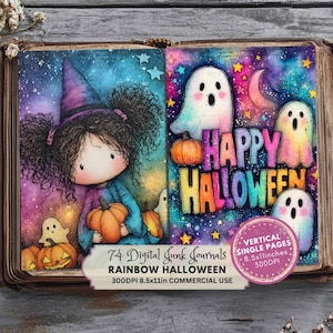 Pode incluir: Um diário digital com tema de Halloween. O diário apresenta uma ilustração em aquarela de uma menina com um chapéu de bruxa segurando abóboras, com fantasmas e as palavras "Happy Halloween". O diário tem 21,59 x 27,94 cm.