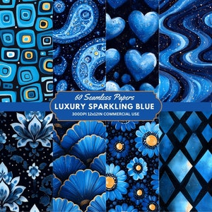 Papéis digitais azuis de luxo, papel para scrapbook azul sem costura, papel digital com glitter azul brilhante real, papéis de lantejoulas azuis brilhantes azul profundo