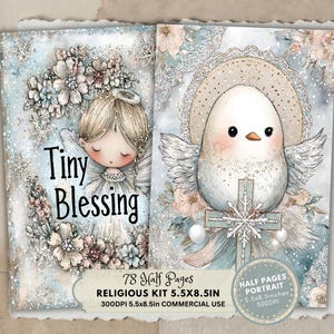 May include: A religious kit with a watercolor illustration of an angel and a bird. The angel has a halo and is surrounded by flowers. The bird has a cross and snowflake. The text "Tiny Blessing" is visible. The kit is 5.5 x 8.5 inches.