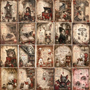 May include: A collection of twenty rectangular art prints featuring gothic-style illustrations of characters, creatures, and books. Each print includes unique text, muted sepia tones, and red accents, depicting scenes with ghosts, owls, bats, and spiders.