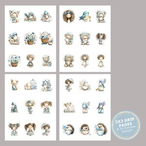 May include: A collection of watercolor stickers featuring various whimsical designs. The stickers include images of animals, dolls, birds, and floral arrangements, all in soft blue and white tones. The text "3x3 GRID PAGES 8.5x11inches 300DPI" is also visible.