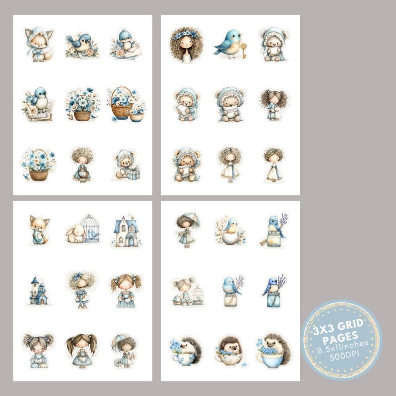 May include: A collection of watercolor stickers featuring various whimsical designs. The stickers include images of animals, dolls, birds, and floral arrangements, all in soft blue and white tones. The text "3x3 GRID PAGES 8.5x11inches 300DPI" is also visible.