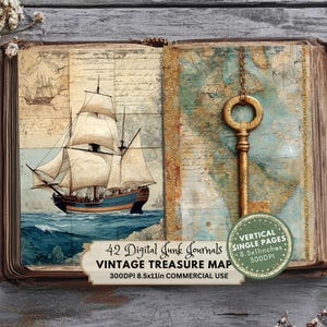 Schatzkarte Junk Journal Kit, druckbare Vintage Ephemera, Bastelbedarf, DIY Journal Seiten, Scrapbook Ideen, Treasure Island Sea Pirates