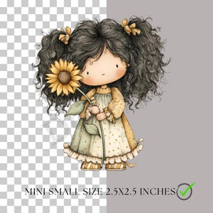 Puede incluir: Ilustraci&oacute;n en acuarela de una figura de mu&ntilde;eca con cabello rizado oscuro, sosteniendo un girasol. La figura lleva un vestido amarillo y verde. El texto "MINI SMALL SIZE 6.35X6.35 CM" est&aacute; en la parte inferior.