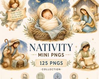 Nativity Clipart, Jesus Christian Bundle, Digital Download PNG, Watercolor Bible Stories, Religious Illustrations