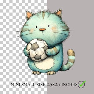 May include: A watercolour illustration of a light blue cat holding a football. The cat has tan ears and a striped tail. The image is labelled "MINI SMALL SIZE 6.35x6.35 CENTIMETRES".