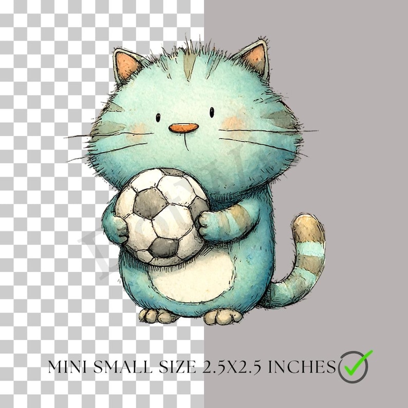 May include: A watercolour illustration of a light blue cat holding a football. The cat has tan ears and a striped tail. The image is labelled "MINI SMALL SIZE 6.35x6.35 CENTIMETRES".