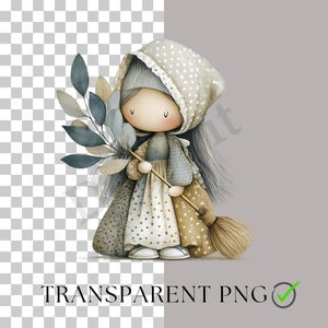 K&ouml;nnte beinhalten: Aquarell-Illustration einer puppenartigen Figur mit Haube und Kleid, die einen Besen und einen Blattzweig h&auml;lt. Die Figur hat lange graue Haare und tr&auml;gt eine gepunktete Haube und ein Kleid. Der Text "TRANSPARENT PNG" ist vorhanden.
