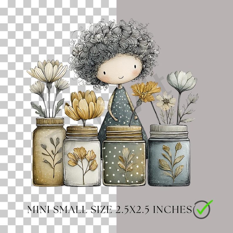 K&ouml;nnte beinhalten: Eine skurrile Illustration zeigt ein Cartoon-M&auml;dchen mit lockigem, grauem Haar, umgeben von Blumengl&auml;sern. Die Gl&auml;ser sind in Braun-, Wei&szlig;- und Blaut&ouml;nen gehalten und mit floralen Designs versehen. Der Text "MINI SMALL SIZE 6.35X6.35 CM" steht unten.