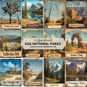 Alle 63 US Nationalparks Junk Journal, Nationalparks Postkarten, 8,5 x 11 Reise-Postkarten, USA Souvenir, Vintage Nationalparks, Kommerziell