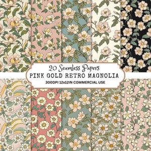 May include: 20 seamless digital papers featuring a pink and gold retro magnolia floral pattern. The papers are 300 DPI and 12x12 inches, suitable for commercial use.