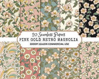 Patrón floral sin costuras: diseño retro de magnolia rosa y dorada (descarga digital)