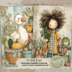 Könnte beinhalten: Digitale Illustration einer Gemüsegartenszene. Eine große weiße Ente steht in der Nähe von Körben mit Kürbissen und Gemüse. Eine Puppe hält Karotten und einen Korb mit Produkten. Text: "76 Half Pages Vegetable Garden 14x22cm".