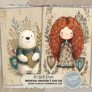 Op de afbeelding: Een grillige illustratie met een ijsbeer en een meisje in middeleeuwse kleding, met schilden en kastelen. De tekst luidt "80 Half Pages, Medieval Dragon 5.5X8.5in". De illustratie heeft een vintage uitstraling op verouderd papier. Afmetingen: 14 x 21,6 cm.