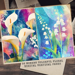 Cartes postales fleurs, pages fantaisistes de carnet de notes de fleurs, documents éphémères imprimables numériquement, fournitures de bricolage, paquet de papier de scrapbooking, pages florales