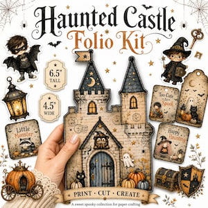 Op de afbeelding: Een Haunted Castle Folio-set voor papierbewerking met een centrale kasteelstructuur, een vleermuisfiguur, een lantaarn, een pompoenkoets en labels met de tekst Little Monster, Too Cute to Spook en Happy Haunting. Afmetingen: 16,5 cm hoog en 11,4 cm breed.