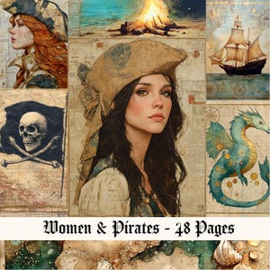 Mujer pirata, Kit de diario basura de la Isla del Tesoro, Efímeras vintage imprimibles, Materiales para manualidades, Páginas de diario DIY, Ideas para álbumes de recortes, Playa, Mar