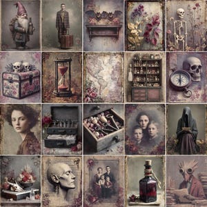 K&ouml;nnte beinhalten: Eine Sammlung von Kunstdrucken im Vintage-Stil mit verschiedenen gotischen und antiken Themen. Die Drucke zeigen Motive wie einen Zwerg, einen Mann mit Koffer, Flederm&auml;use, Blumen, Skelette, Sch&auml;del, eine Sanduhr, eine Karte, einen Schrank, einen Kompass, eine Frau, einen Werkzeugkasten, Schl&uuml;ssel, eine Familie, einen Pestdoktor und eine Flasche.