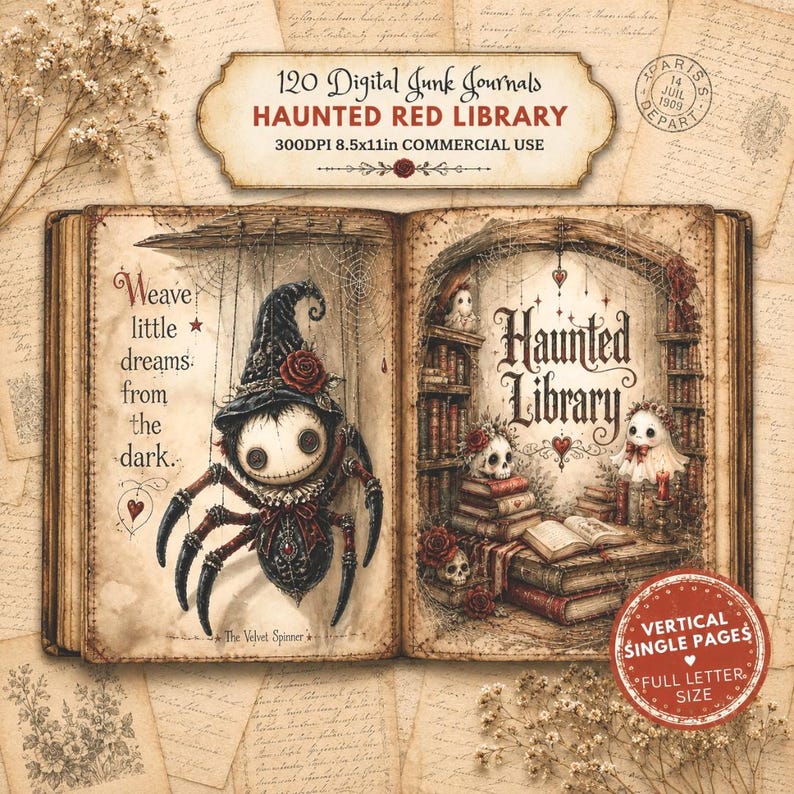 May include: A digital junk journal set titled Haunted Red Library featuring 120 pages. The open book displays a spider character in a witch hat on the left and a library scene with skulls and ghosts on the right, with text Weave little dreams from the dark and Haunted Library.