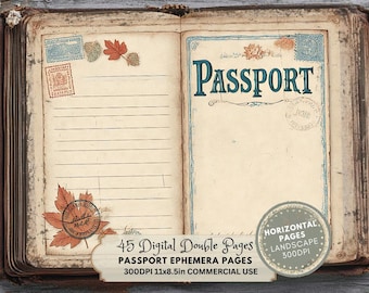 Páginas de diario de pasaporte: Efímeras de viaje vintage, página rayada para documentos de identidad (descarga digital)