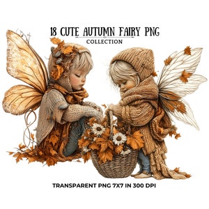 18 lindas hadas de otoño PNG con acogedores atuendos otoñales, alas, calabazas y hojas para álbumes de recortes, manualidades y diseños con temática otoñal