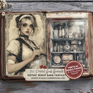 Kit de diario de enfermera gótica, efímeras vintage imprimibles, páginas de álbum de recortes digitales, materiales de manualidades para enfermeras, hospital de fantasía oscura