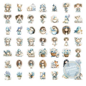 May include: A collection of watercolor stickers featuring whimsical illustrations. The stickers include images of animals, dolls, flowers, and houses, all in soft blue and pastel colors. The text "BEAUTIFUL DESIGNS! 8.5x11 inches 500DPI" is also included.