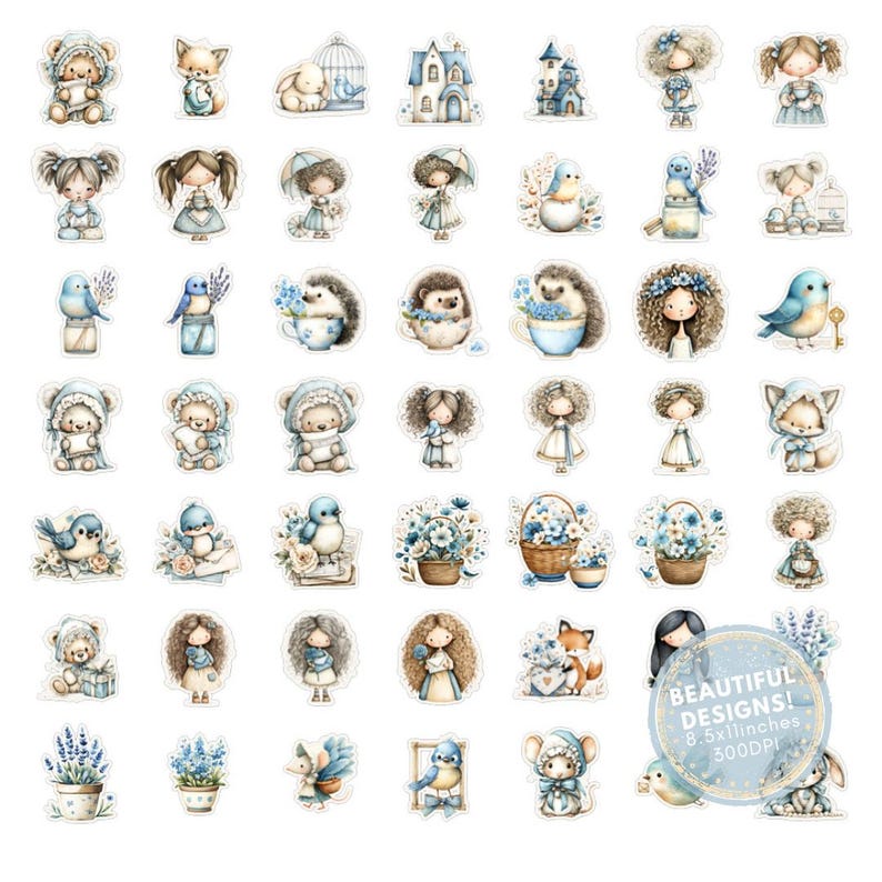May include: A collection of watercolor stickers featuring whimsical illustrations. The stickers include images of animals, dolls, flowers, and houses, all in soft blue and pastel colors. The text "BEAUTIFUL DESIGNS! 8.5x11 inches 500DPI" is also included.